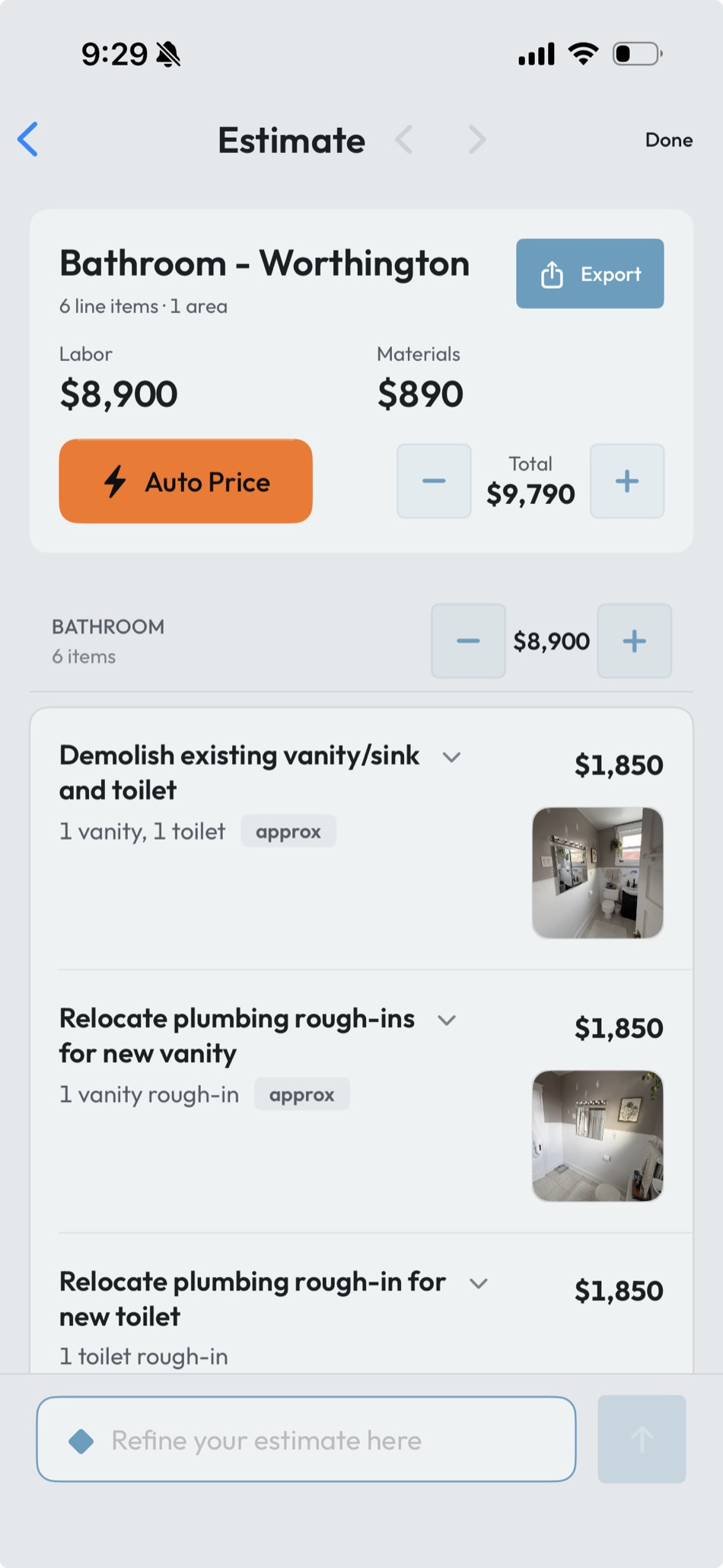 The Estimate screen in the Biltum app: a bathroom scope priced at $9,790 from the contractor&rsquo;s own labor and material rates
