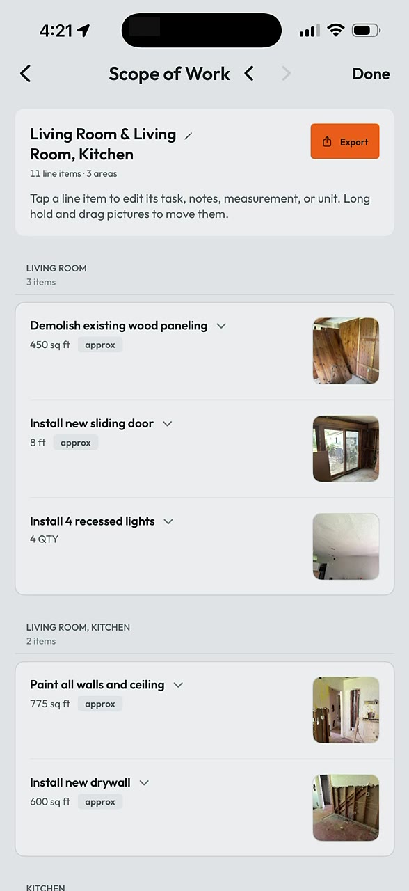 The scope editor in the Biltum app: the living room and kitchen scope written from this scan, line items with photos attached
