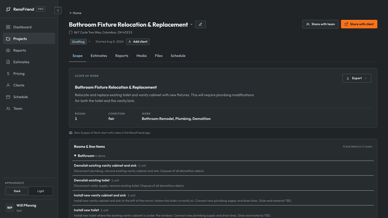 The same bathroom scope open in the Biltum Pro workspace: overview, rooms, and line items