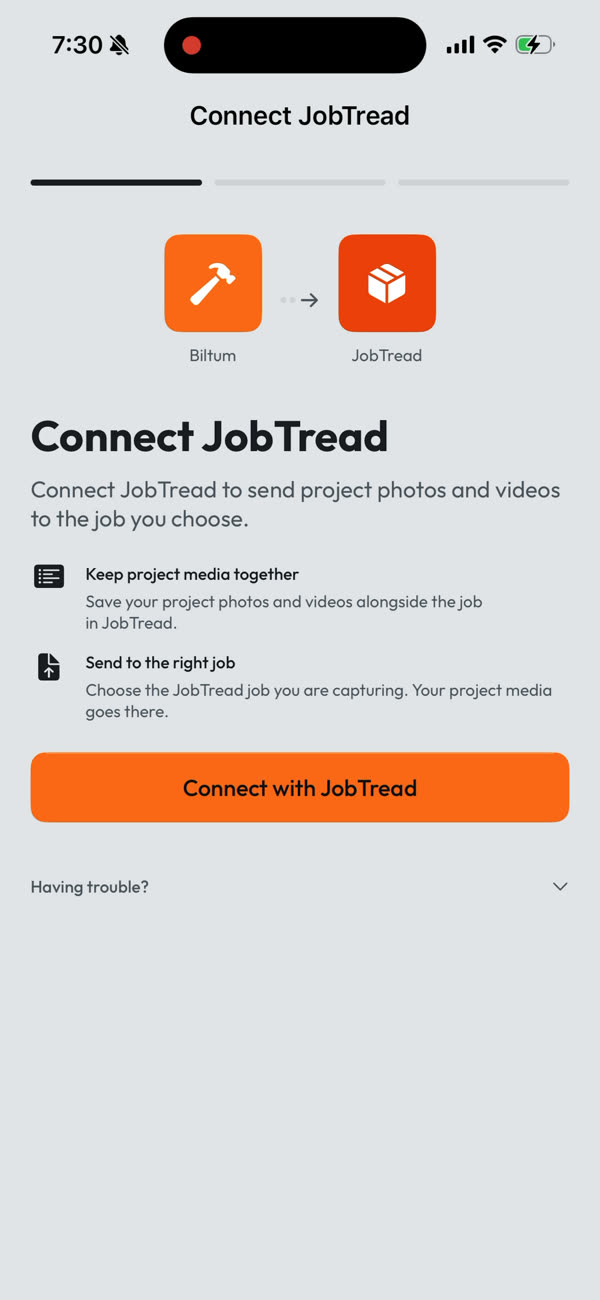 Biltum's Connect JobTread screen with the Connect with JobTread button