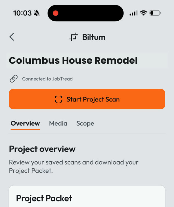 A job's Overview in Biltum with the Start Project Scan button
