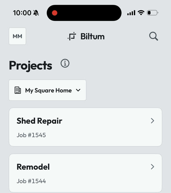 Biltum Projects tab listing JobTread jobs with job numbers
