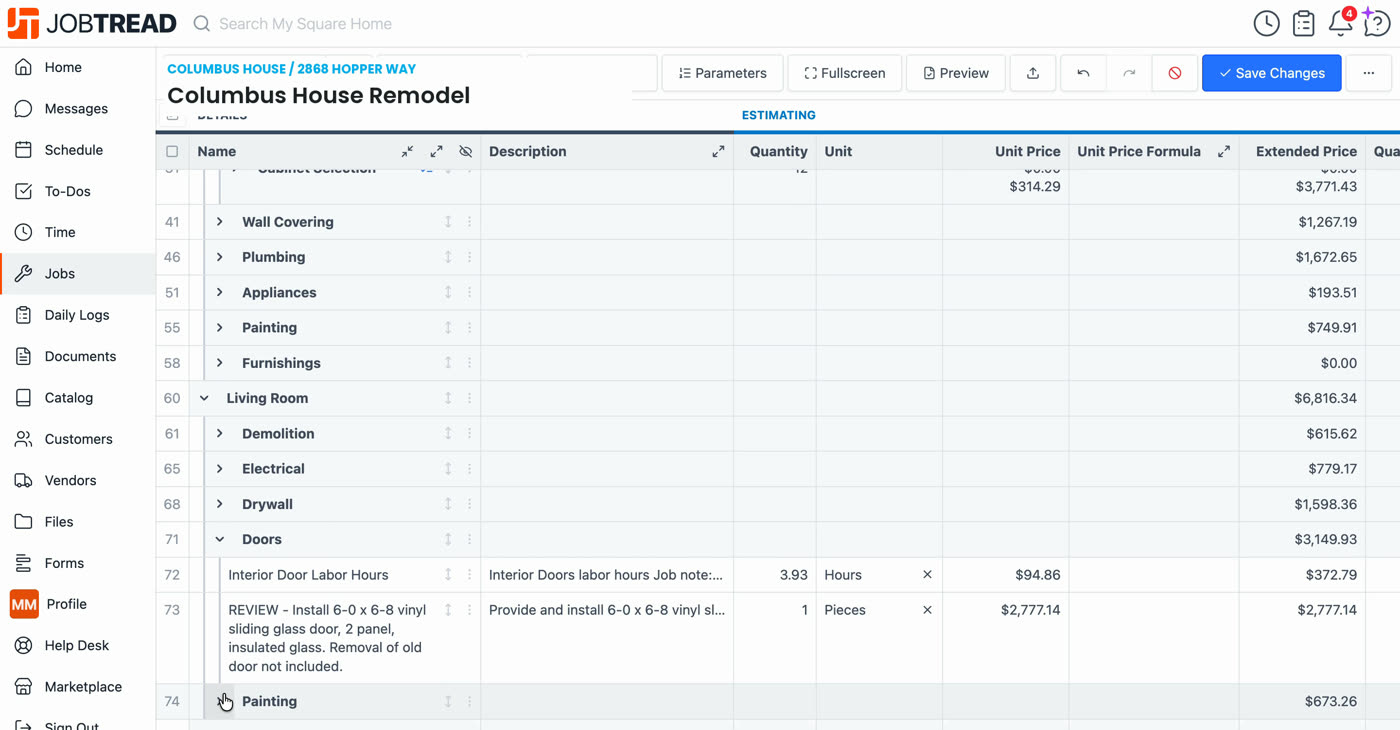 A draft budget in JobTread written from a Biltum Project Packet, with REVIEW rows