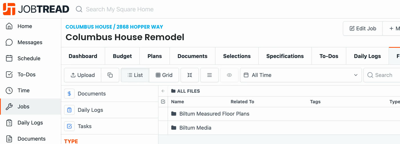 JobTread job Files tab with Biltum Measured Floor Plans and Biltum Media folders