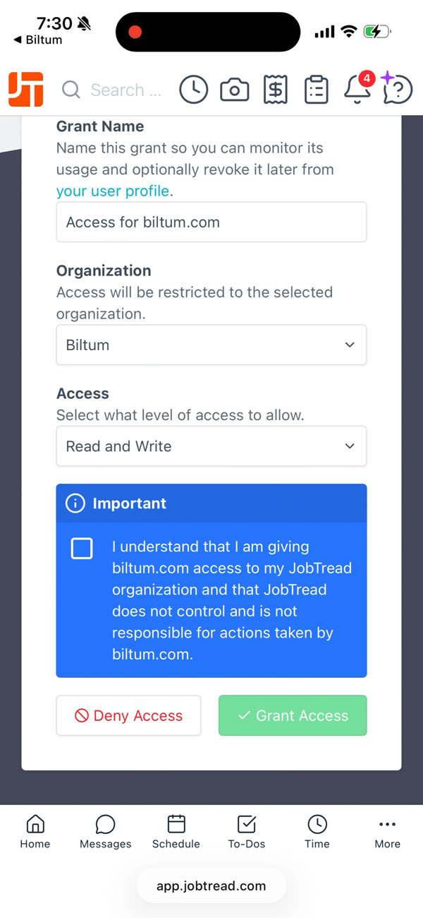 JobTread grant form with organization, Read and Write access, the acknowledgment checked, and Grant Access