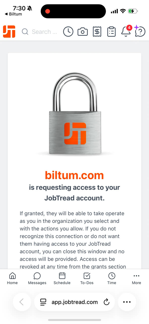 JobTread page: biltum.com is requesting access to your JobTread account