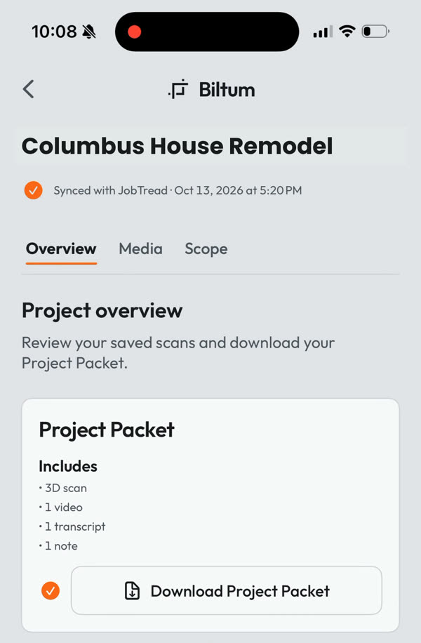 The Project Packet card on a job's Overview with the Download Project Packet button