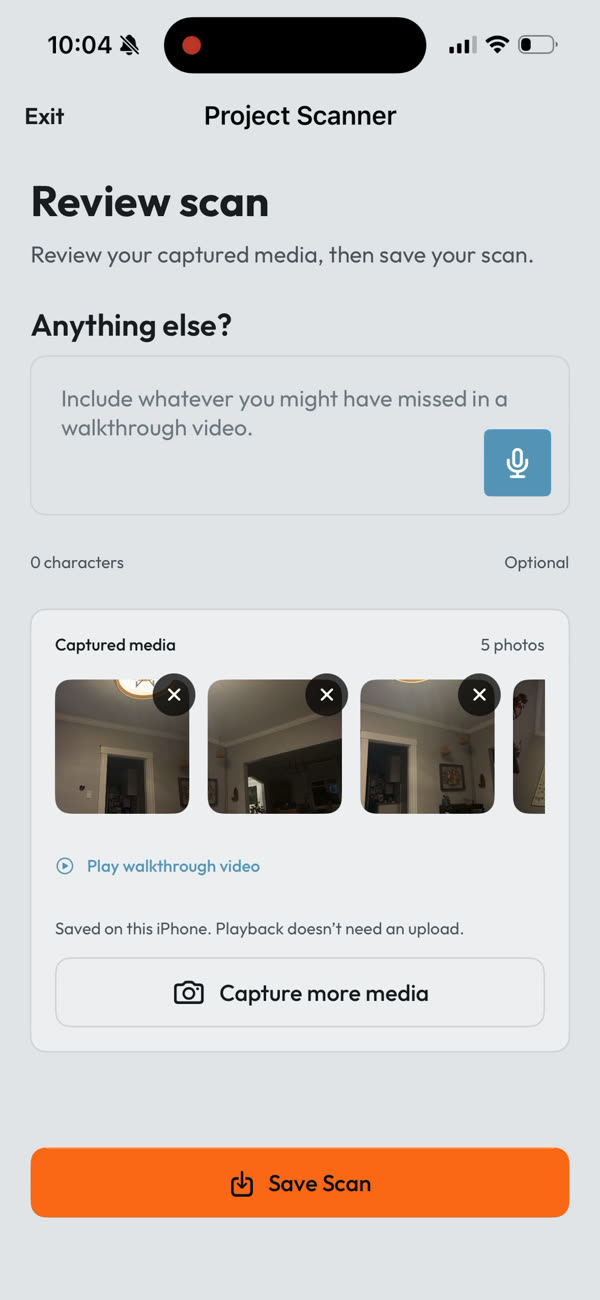 Review scan screen with Anything else, captured photos, and the Save Scan button