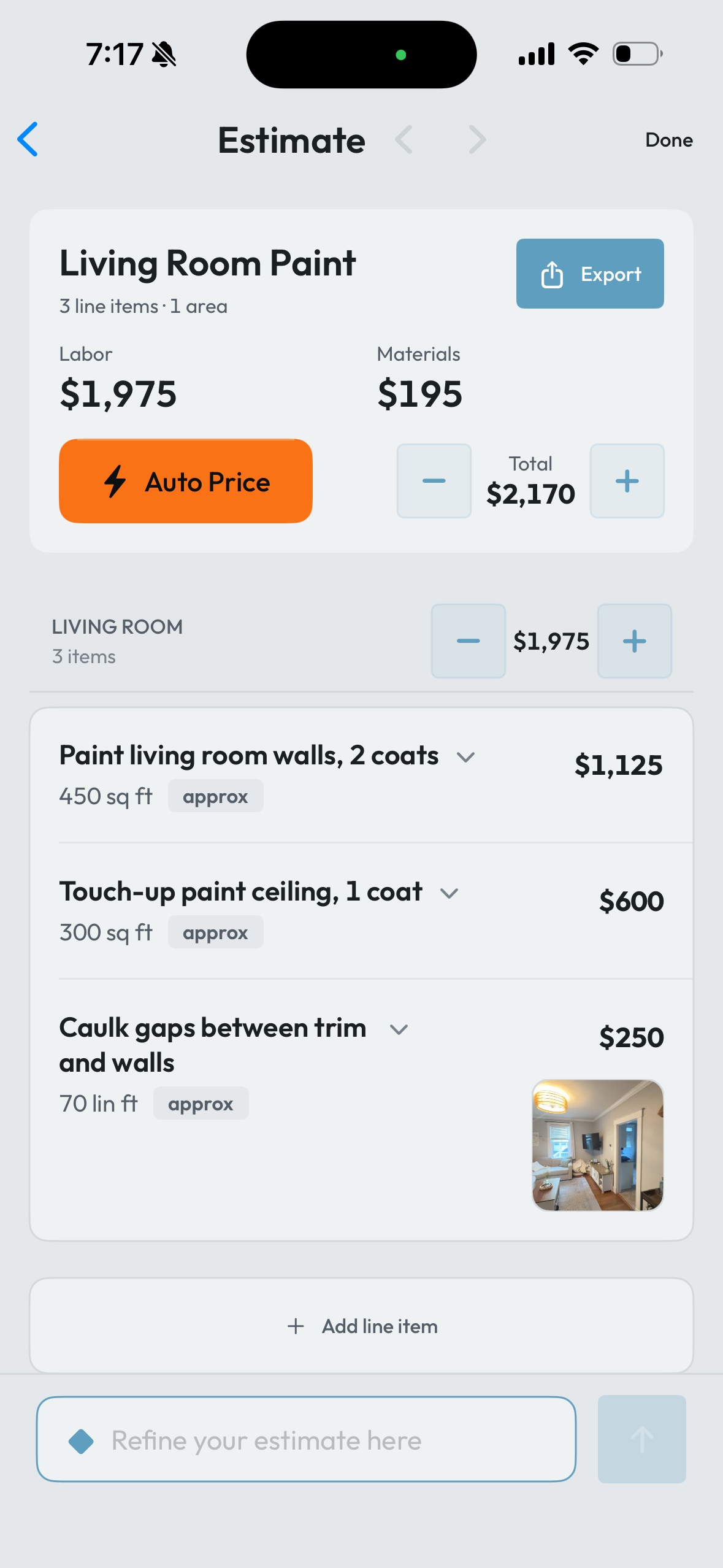 Biltum estimate screen showing a Living Room Paint line item priced at $2,170